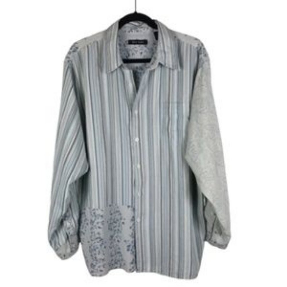 Vintage Silk Blue Floral Stripe Button Up Shirt